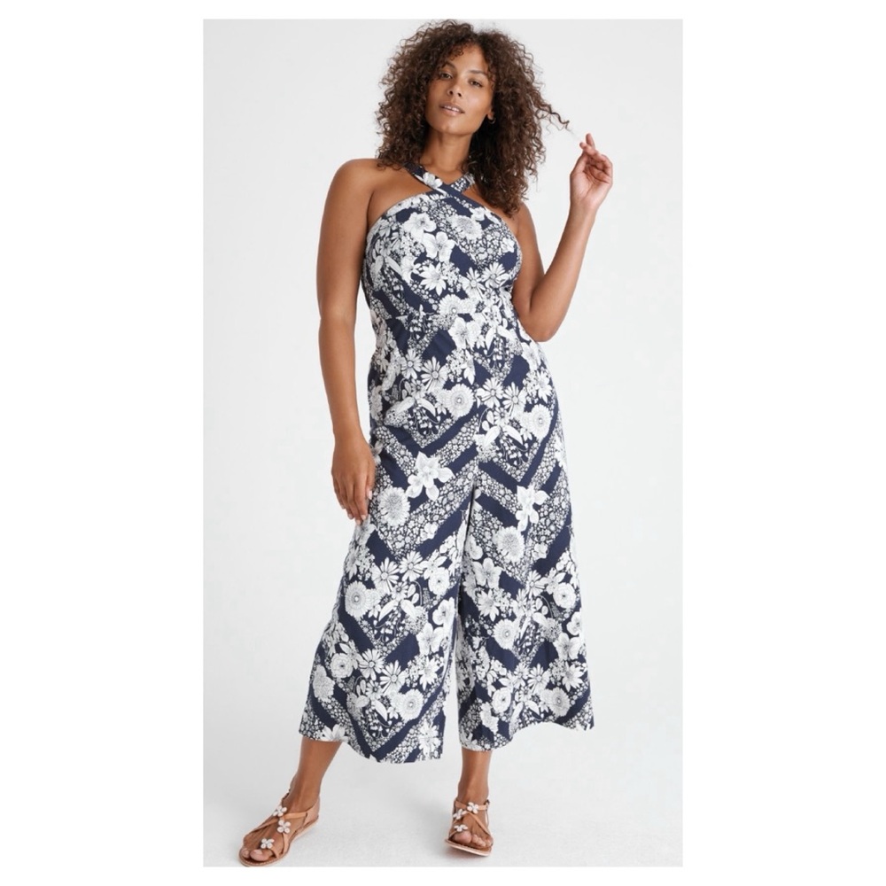 NWOT Anthropologie Maeve Magda Halter Jumpsuit in Navy & White  Size 4